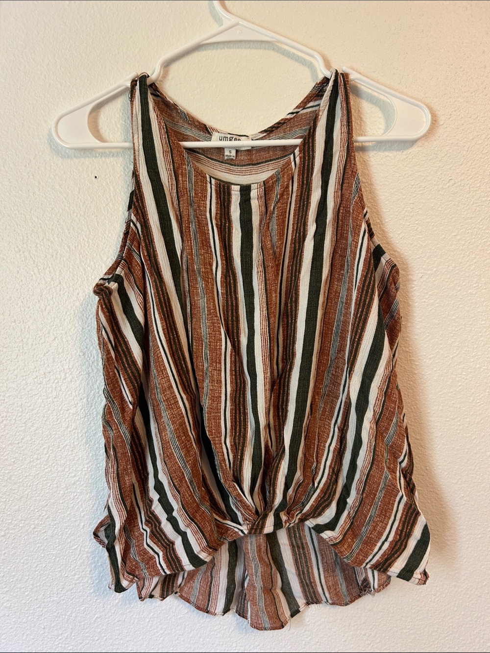 Umgee Rust, White & Dark Green Striped Knotted Hem Tank